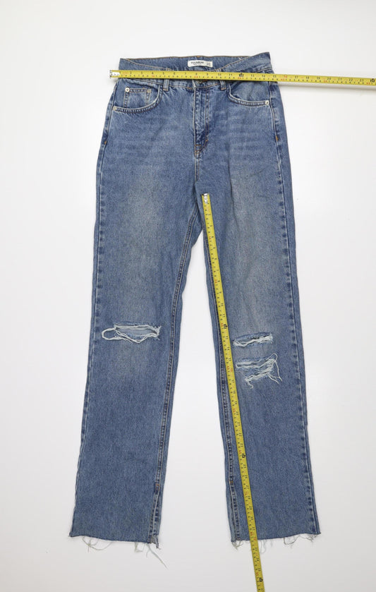 Pull&Bear Women's Blue Distressed Straight Leg Jeans Size 10