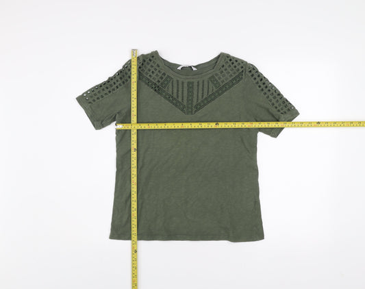 Jasper Conran Women's Green Cotton Crochet Trim T-Shirt Size 14