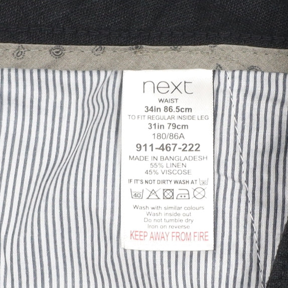 Next Men's Black Linen Blend Chino Trousers 34W 31L Regular Fit