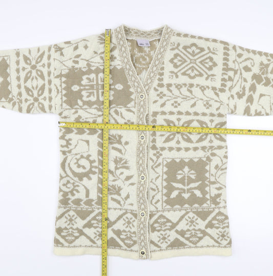 BHS Women's Beige Geometric Knit Cardigan Size 14/16 V-Neck Long Sleeve