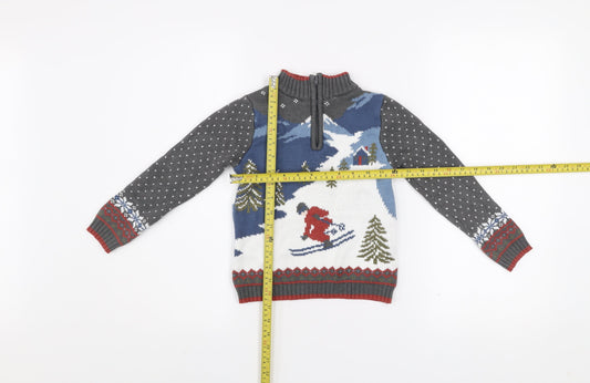 E of M Boys Grey Ski Scene 1/4 Zip Jumper 2 Years Cotton Acrylic Winter Knit