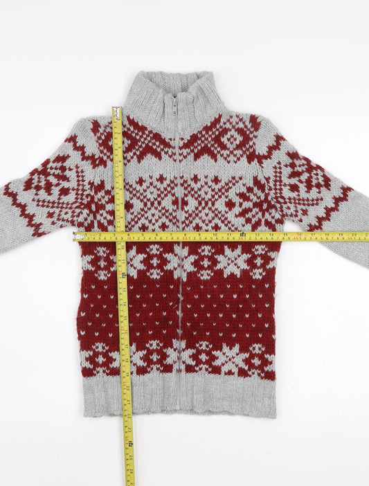 Benetton Boys Grey Red Fair Isle Full Zip Wool Winter Jumper 8-9 Years