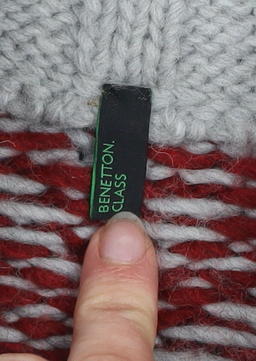 Benetton Boys Grey Red Fair Isle Full Zip Wool Winter Jumper 8-9 Years