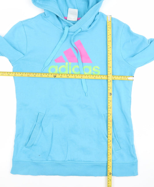 Adidas Women Blue Pullover Hoodie Size 14 Cotton Blend Logo Print
