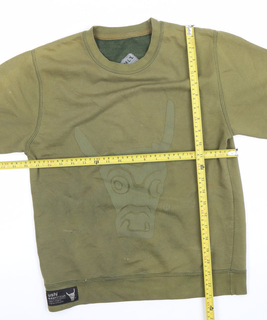 Ushi Mens Green Cotton Crew Neck Sweatshirt Size L