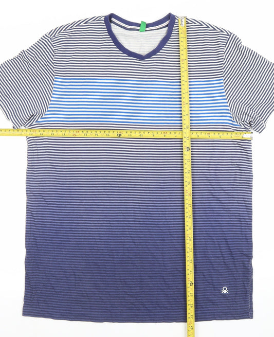 United Colors of Benetton Mens Blue Striped Crew Neck Cotton T-Shirt M