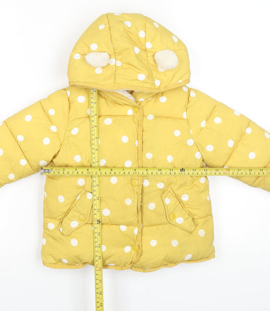 Next Girls Yellow Polka Dot Hooded Puffer Jacket 2-3 Years Polyester