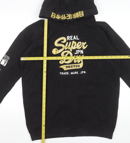 Superdry Women's Black Pullover Hoodie Size 10 S Graphic Logo Cotton Blend
