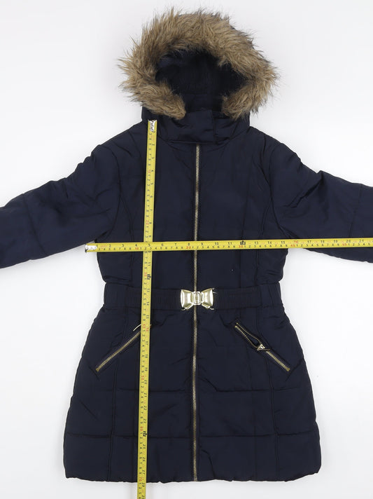 Tu Girls Blue Hooded Puffer Coat 9-10 Years Winter Mid-Length Faux Fur Trim