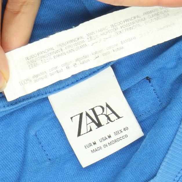 Zara Men Blue Cotton Long Sleeve Crew Neck T-Shirt Size M