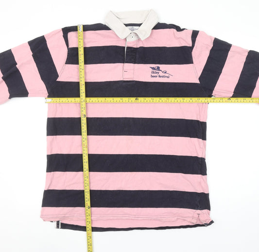 Front Row Men's Pink & Navy Striped Long Sleeve Polo XL Rugby Style