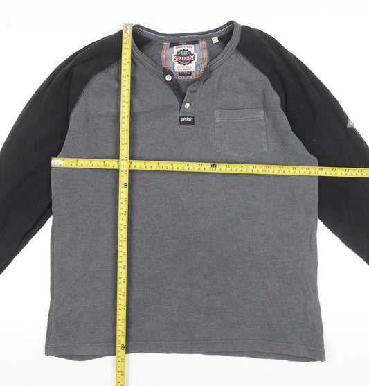 Superdry Men's Grey Long Sleeve Henley Cotton T-Shirt Size L