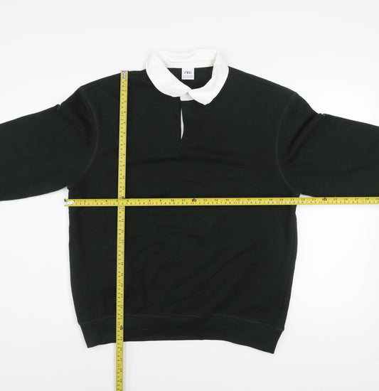 Zara Men Black Collared Pullover Jumper Medium Cotton Blend