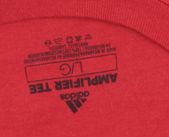 Brand and care label for Adidas Men's Red Game On SJU 2019 Graphic T-Shirt, size L