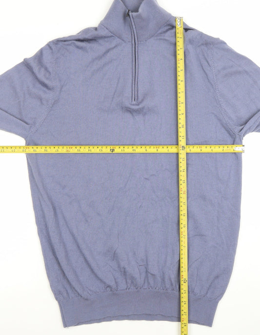 Profumo Men's Blue XL Merino Wool 1/2 Zip High Neck Jumper