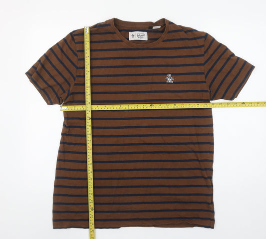 Original Penguin Men's Brown Striped Cotton Crew Neck T-Shirt Size L