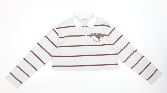 Hello Kitty x Primark Women's Grey Striped Cropped Polo Top 2XS