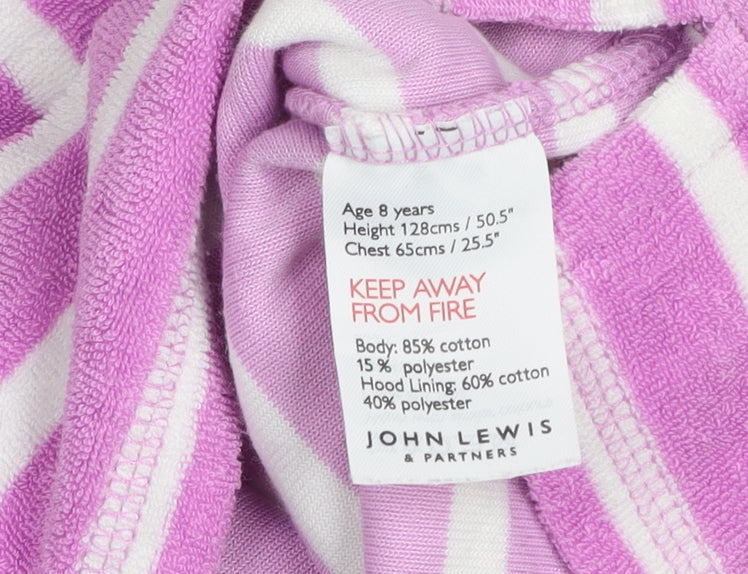 Brand and care label for John Lewis girls’ pink striped hooded zip swim bathrobe age 8 cotton blend