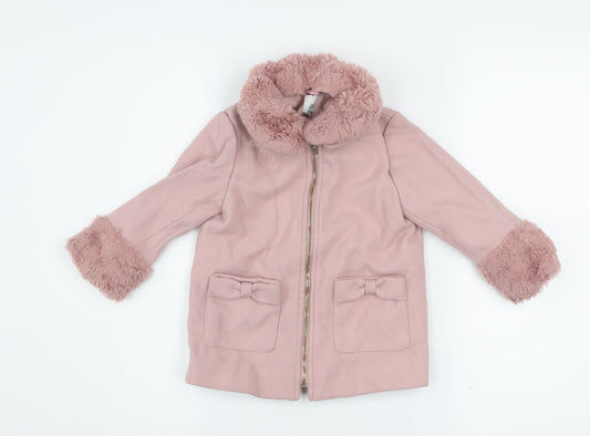 River Island Girls Pink Faux Fur Trim Zip Coat 2-3 Years