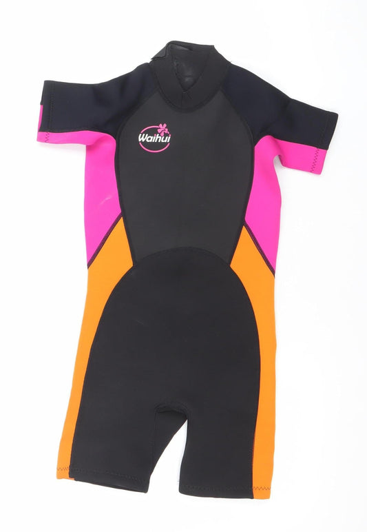 Additional front view of Waihui girls’ black pink orange shorty wetsuit 7 years quick dry stretch swimwear