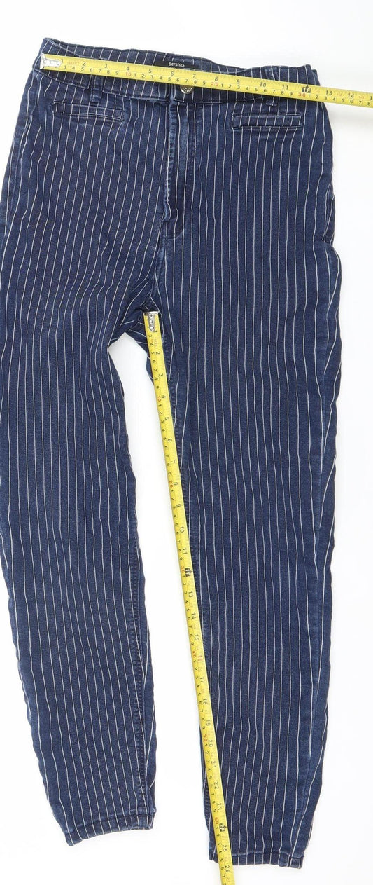 Bershka Women Blue Striped Tapered Jeans Size 14 Relaxed Fit