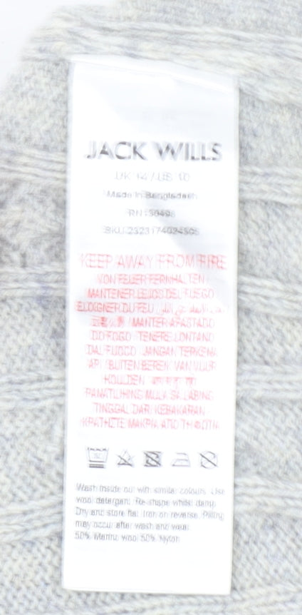 Jack Wills Women Grey Cable-Knit Jumper UK 14 Merino Wool Blend Crew Neck