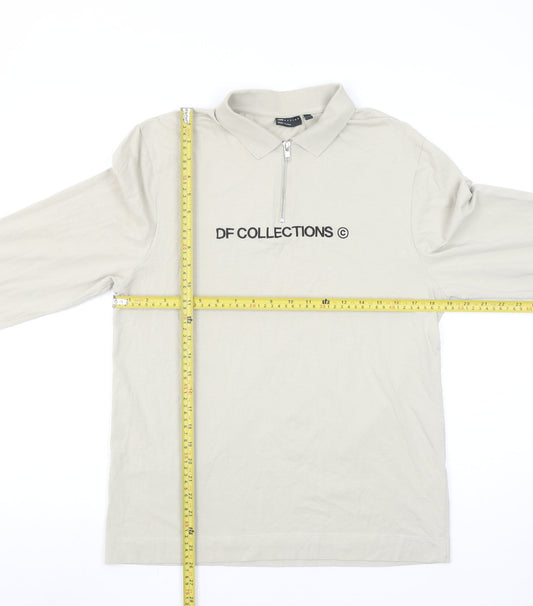 ASOS DESIGN Mens Beige Long Sleeve Collared 1/4 Zip Polo Shirt L