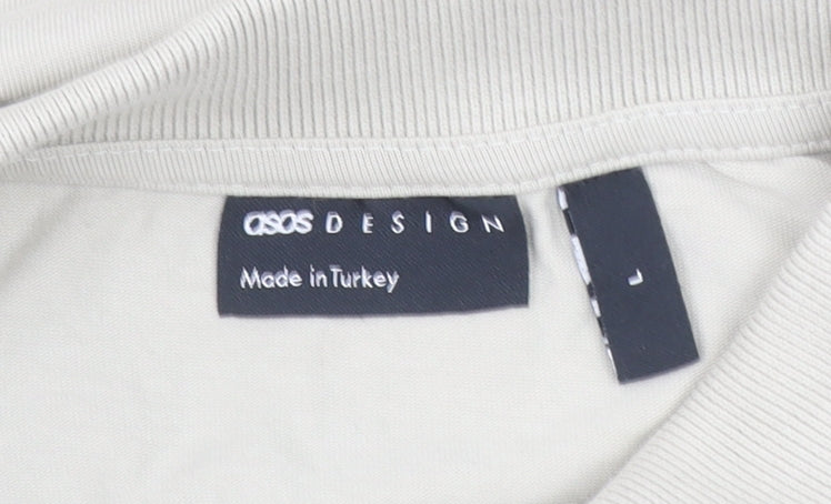 ASOS DESIGN Mens Beige Long Sleeve Collared 1/4 Zip Polo Shirt L