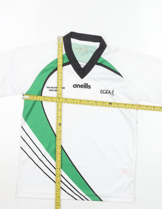 O'Neills Boys White Green LGFA Jersey 9-10 Years V-Neck Sports T-Shirt