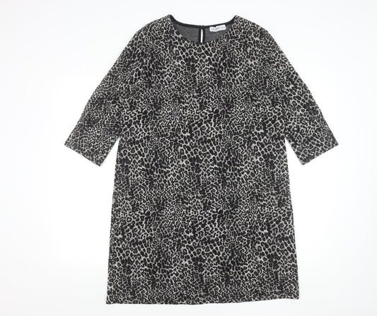 Additional front view of Gallery Women Black Leopard Print Shift Dress, size 16, 3/4 Sleeve