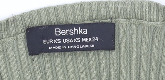 Bershka Women’s Green Ribbed Cropped Button-Up Top XS