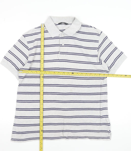 Marks and Spencer Men's Grey Striped Cotton Polo Shirt Medium