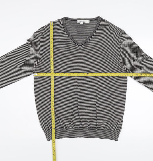 Calvin Klein Men’s Grey Striped V-Neck Cotton Jumper Size L