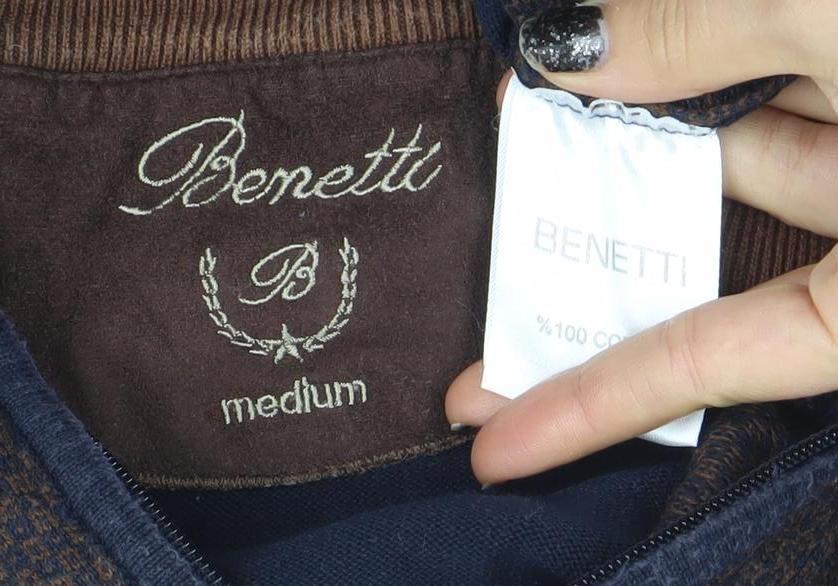 Benetti Men's Blue Brown Medium 1/2 Zip Cotton Jumper