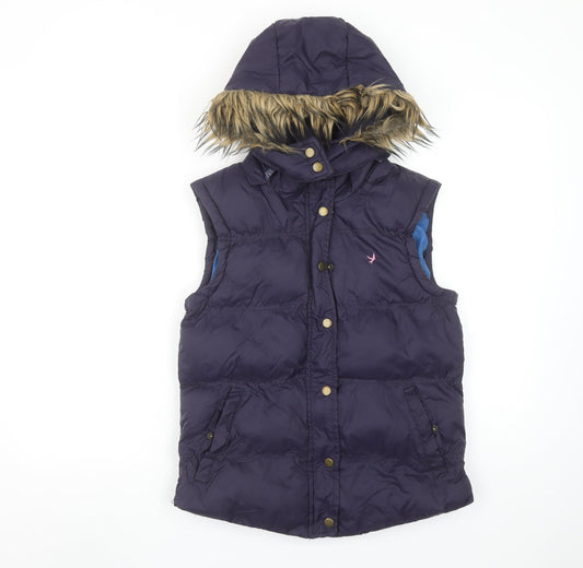 Additional front view of Denim Co. women’s blue faux fur hooded puffer gilet, size UK 10