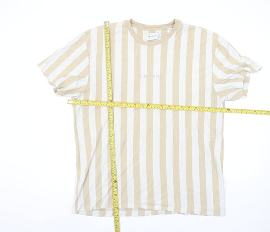 Topman Men's Beige White Striped XL Cotton Crew Neck T-Shirt