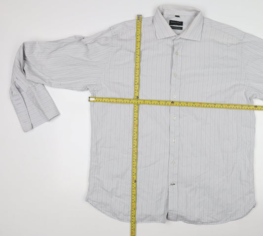 Racing Green Men’s Grey Striped 100% Cotton Long Sleeve Formal Shirt Size L