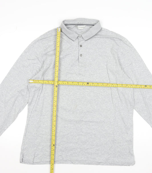 Marks and Spencer Men's Grey Long Sleeve Cotton Polo Shirt XL