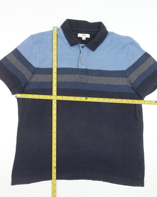 Marks and Spencer Men's Blue Striped Cotton Polo Shirt L Regular Fit