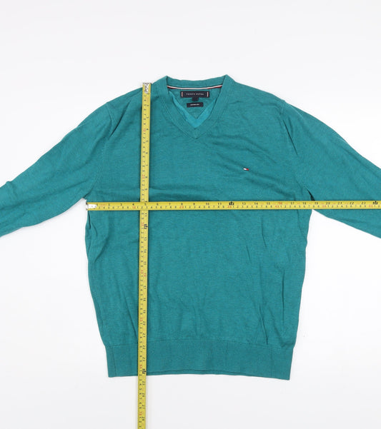 Tommy Hilfiger Men's Green Cotton Silk V-Neck Jumper M