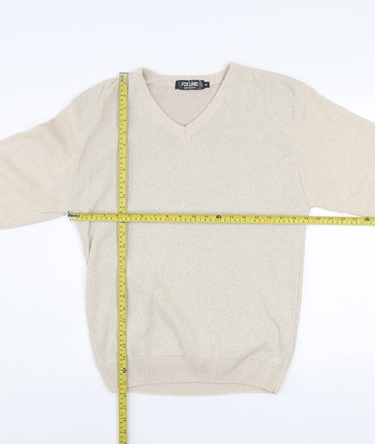 Fox Land Men's Beige V-Neck Cotton Blend Jumper M Classic Knitwear