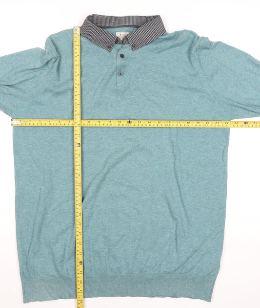 ACW85 Men's Blue Collared Henley Jumper Size L Cotton Knitwear