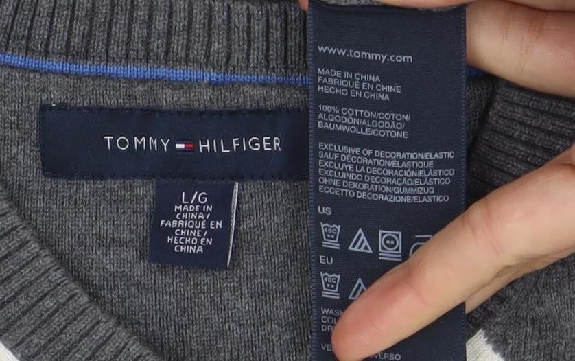 Tommy Hilfiger Men's Grey Argyle V-Neck Cotton Jumper L