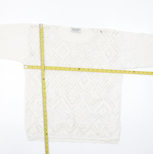 HONEY Women’s Ivory Open-Knit Beaded Pullover Jumper Size M