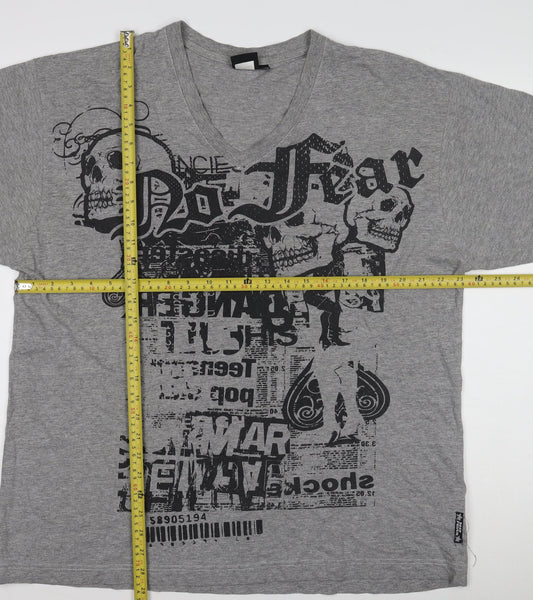 No Fear Men's Grey V-Neck Graphic Skull Print T-Shirt Size L