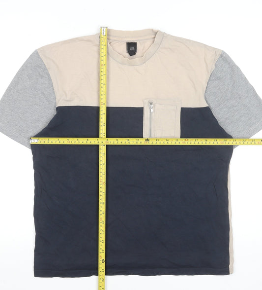 River Island Men's Beige Blue Grey Colourblock Crew Neck Zip Pocket T-Shirt M