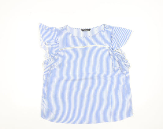 Additional front view of Dunnes Women Blue Striped Ruffle Sleeve Viscose Blouse, size 16