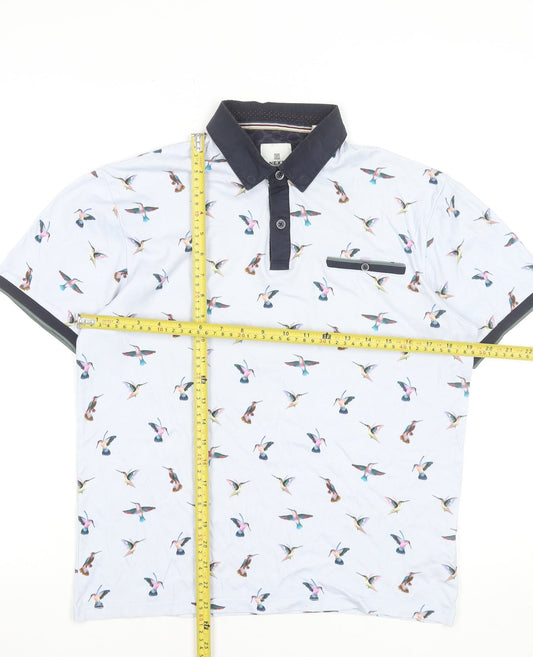 Next Men’s White Bird Print Cotton Short Sleeve Polo Shirt Size S