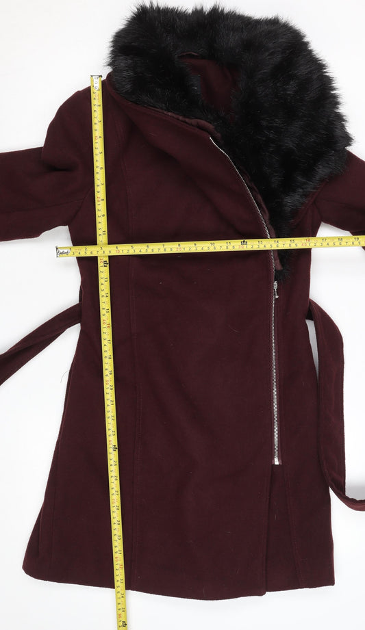 New Look Women’s Brown Faux Fur Trim Belted Trench Coat Size 8