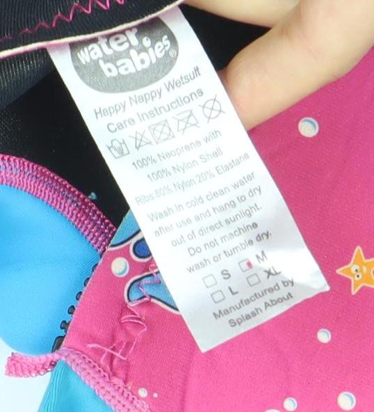 Brand and care label for Water Babies unisex baby pink blue whale neoprene uv-sun suit small